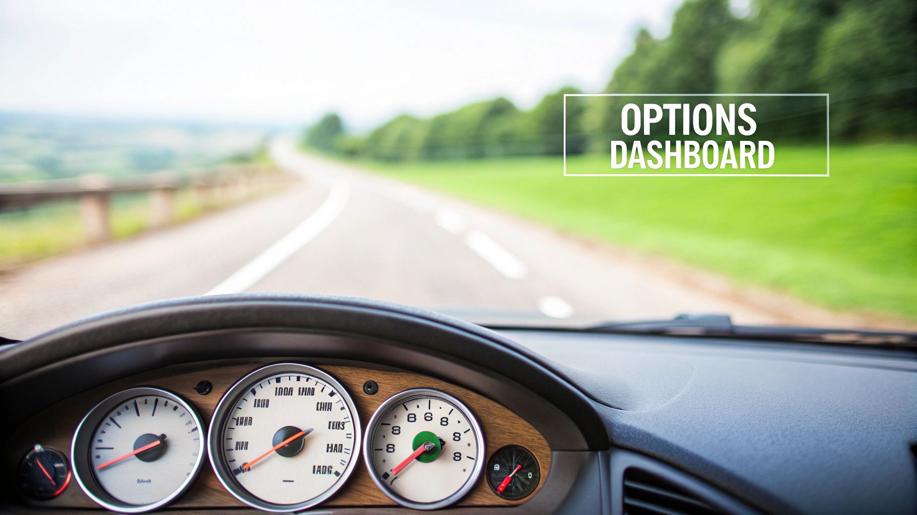 Driver's view from a car dashboard showing gauges and a winding road ahead with text 'OPTIONS DASHBOARD'.