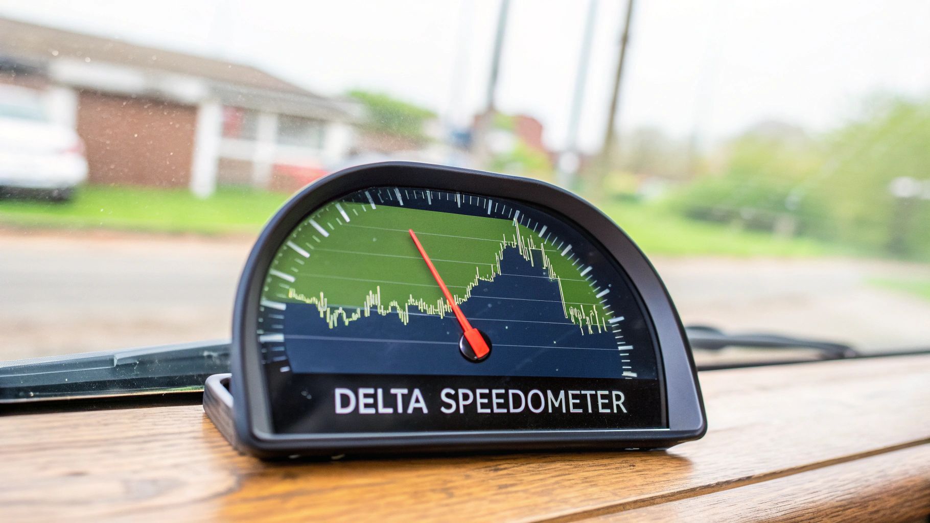 A 'Delta Speedometer' device with a red needle and a green graph on a wooden dashboard in a car.