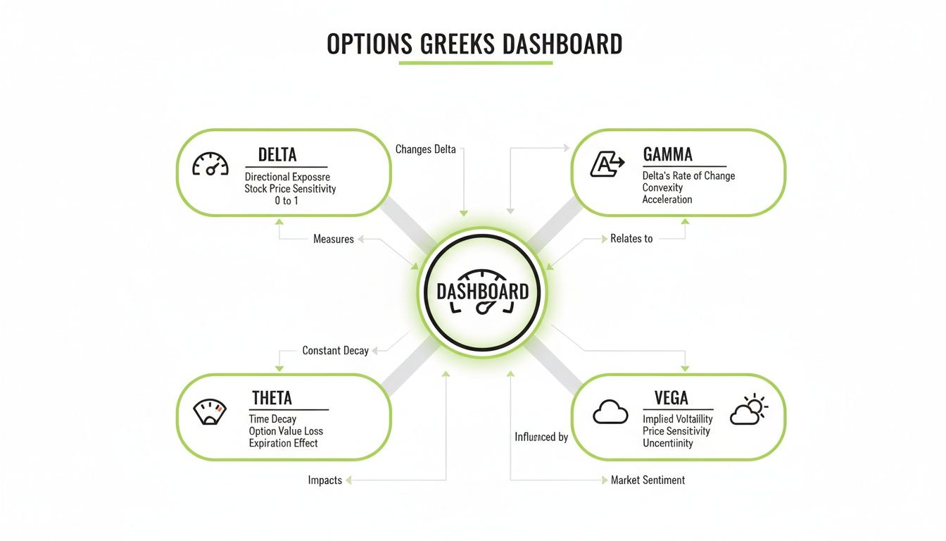 A dashboard diagram explaining options Greeks: Delta, Gamma, Theta, and Vega, and their characteristics.