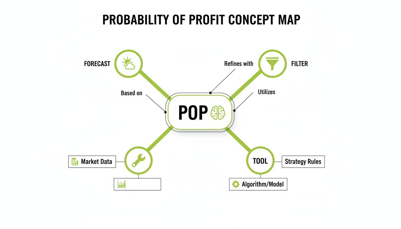 A concept map showing Probability of Profit (POP) influenced by forecast, filters, and tools.