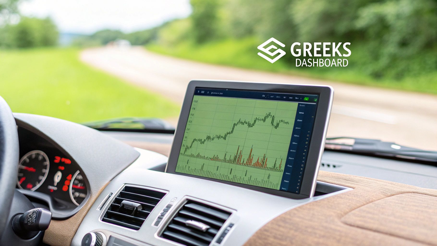 A tablet displaying financial charts from 'Greeks Dashboard' positioned on a car's dashboard with a road ahead.