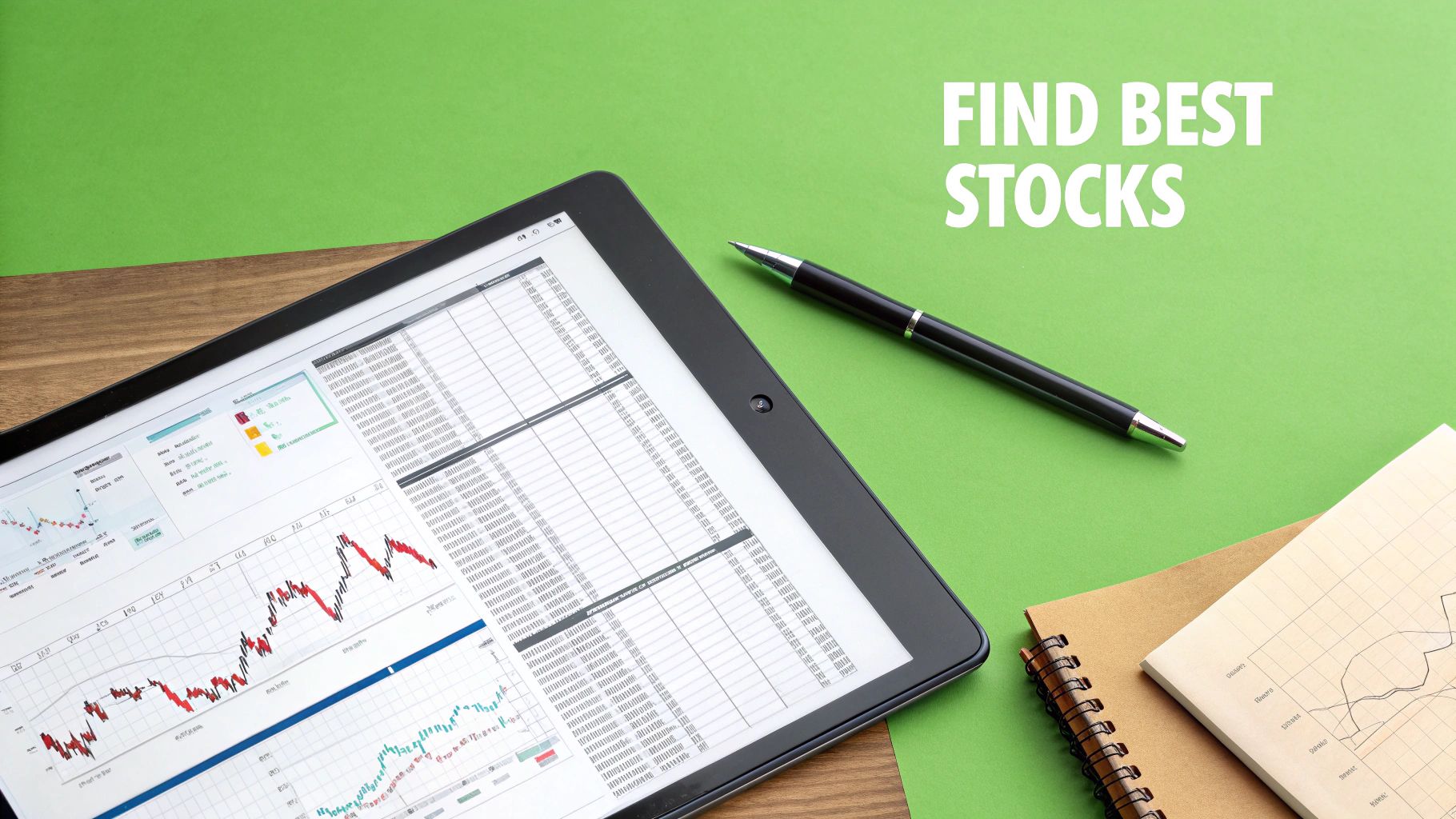 A tablet displays stock market charts and data, alongside a pen and notebooks, suggesting stock analysis.