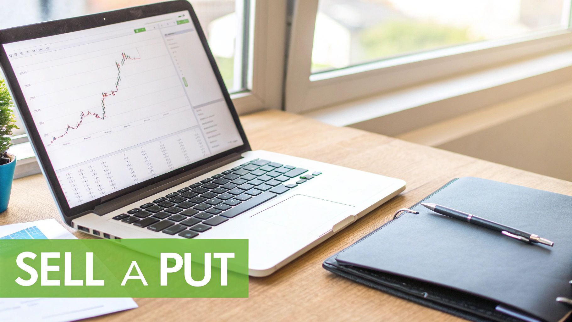 A laptop displaying stock charts, a notebook, and a pen on a desk, with text 'SELL A PUT'.