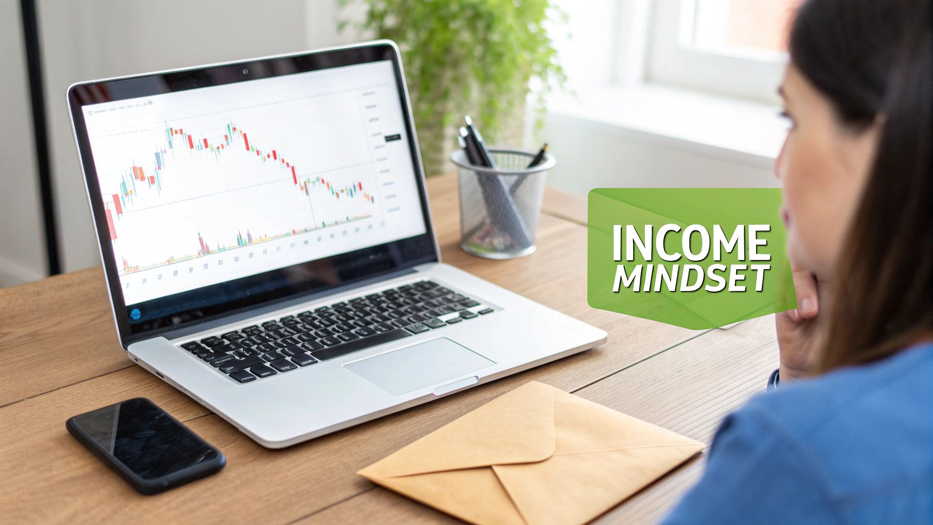 A person views stock market charts on a laptop with a smartphone and an envelope, promoting an income mindset.