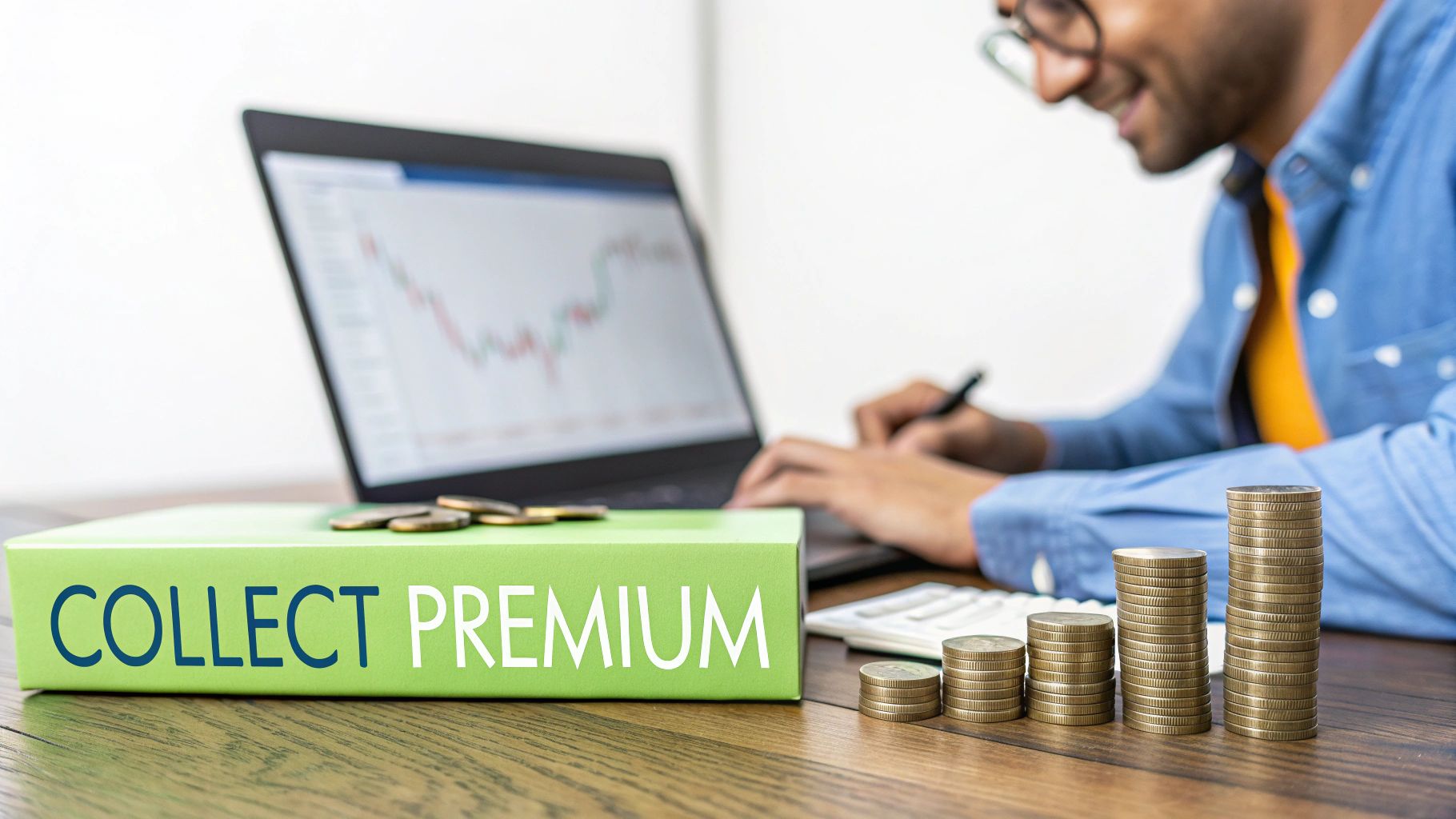 A smiling person works on a laptop showing a financial graph, next to a 'COLLECT PREMIUM' box and stacks of coins.