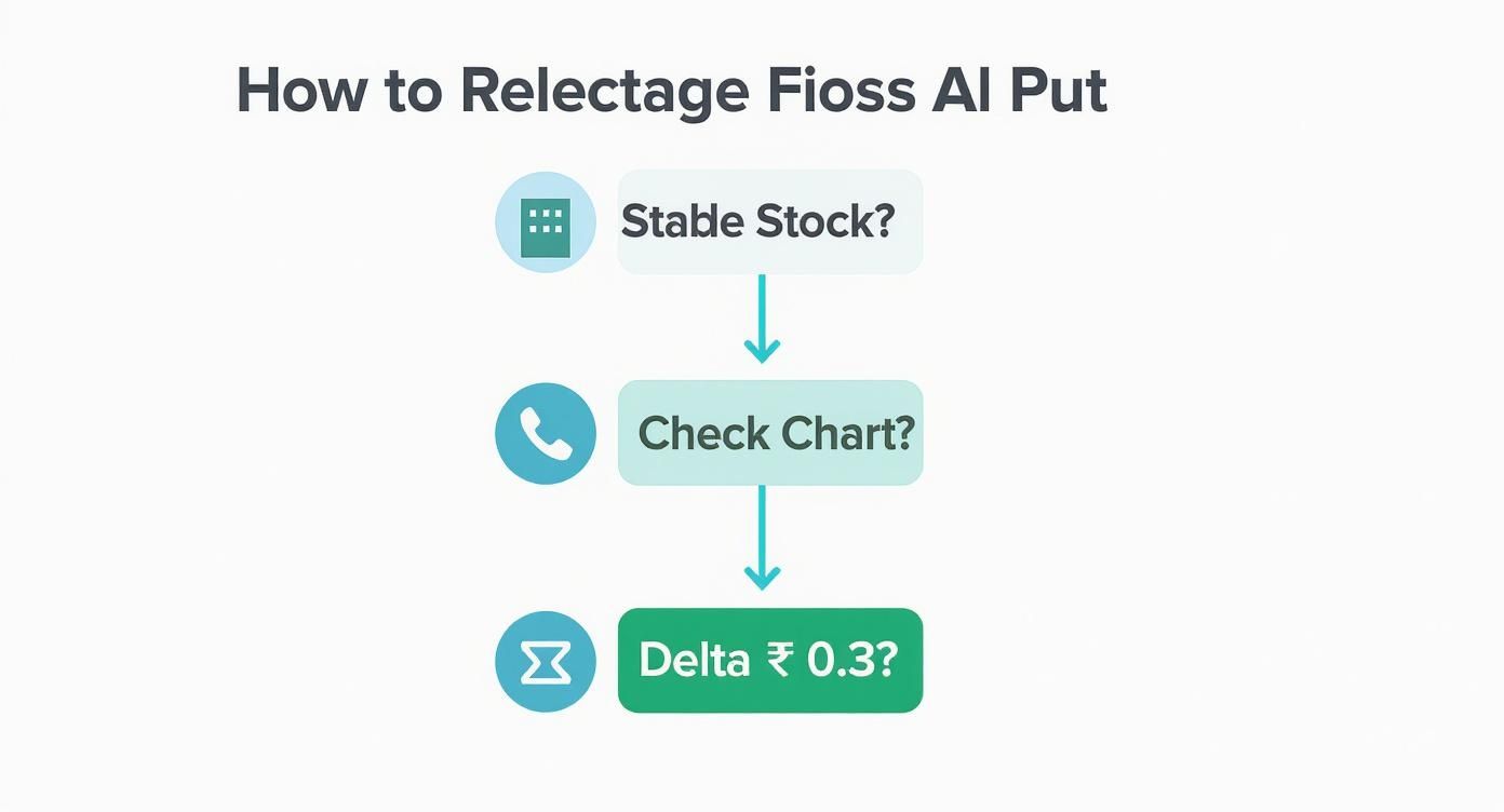 Flowchart illustrating steps for Relectage Fioss AI Put options: Stable Stock?, Check Chart?, Delta ₹ 0.3?