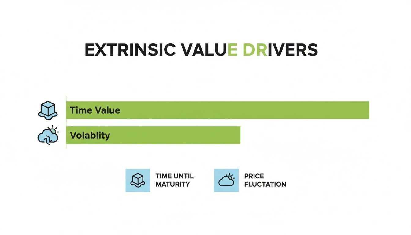 Bar chart illustrating extrinsic value drivers: Time Value (longer bar) and Volatility (shorter bar).