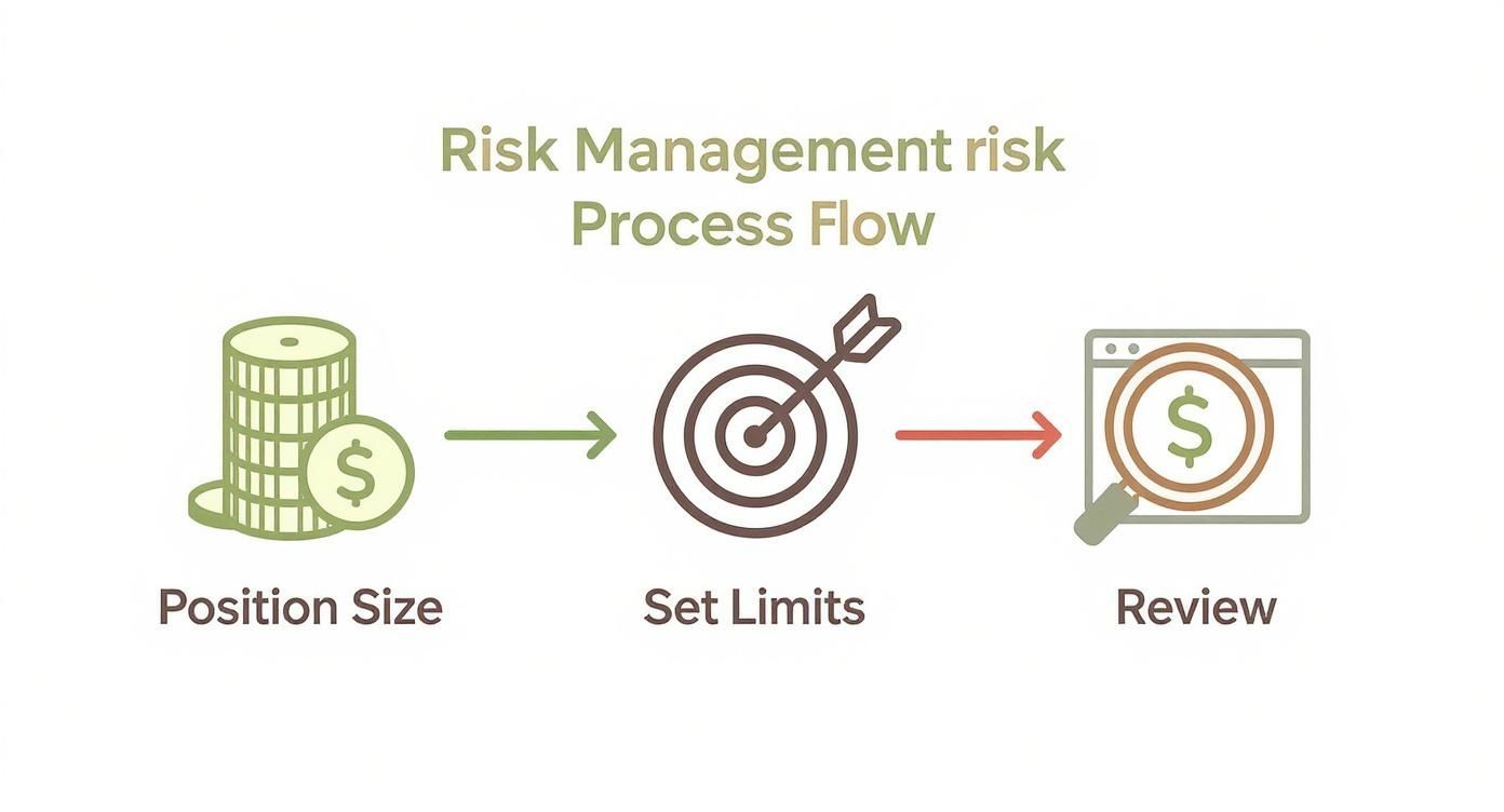A diagram illustrates the risk management process flow: Position Size, Set Limits, and Review.