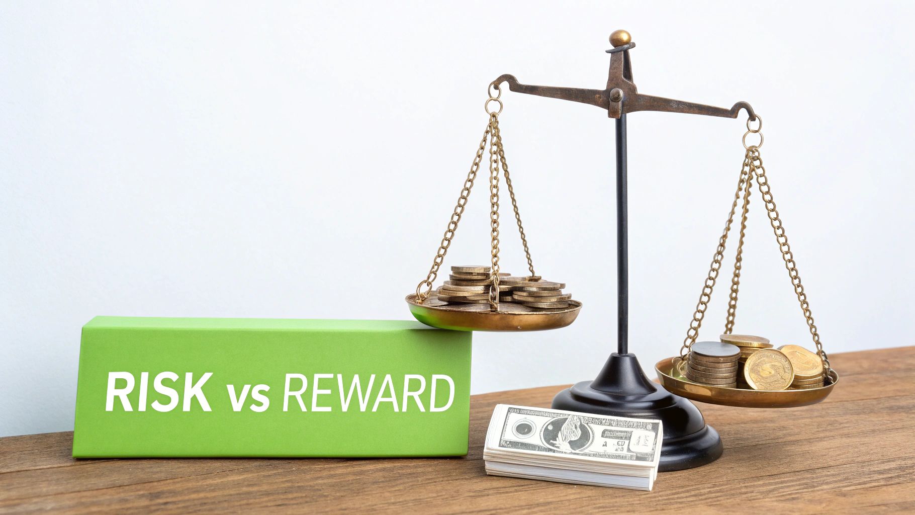 Risk vs Reward concept with balance scale, stacked coins, and dollar bills on wood.