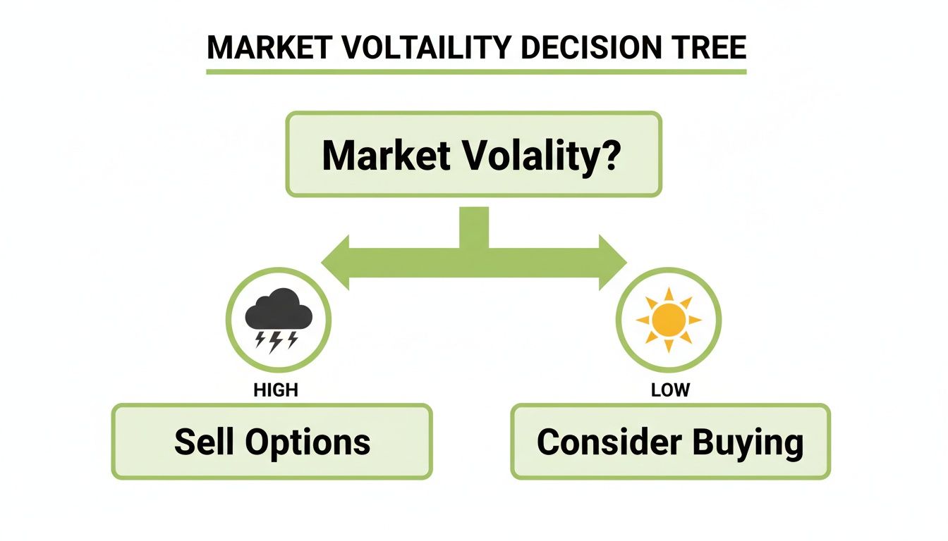 A market volatility decision tree suggesting to sell options during high volatility and consider buying during low volatility.