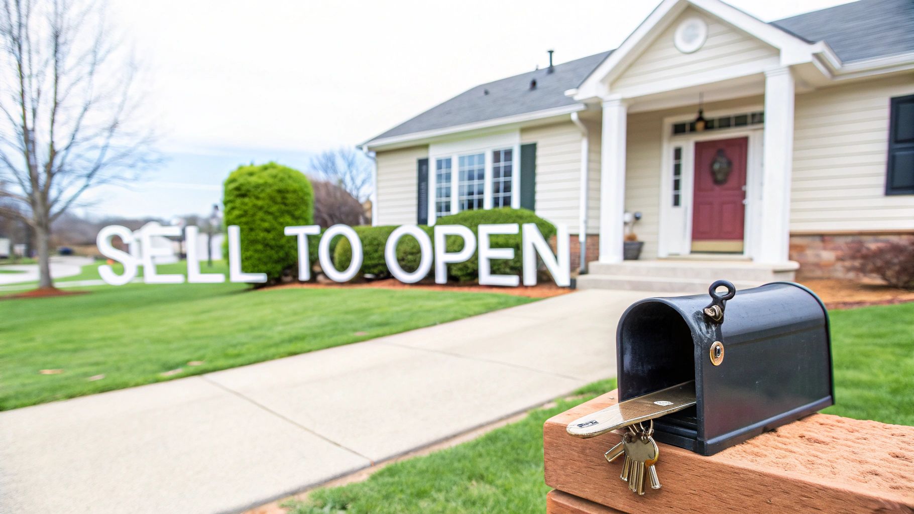 Suburban house with red door and sell to open sign on front lawn with mailbox and keys