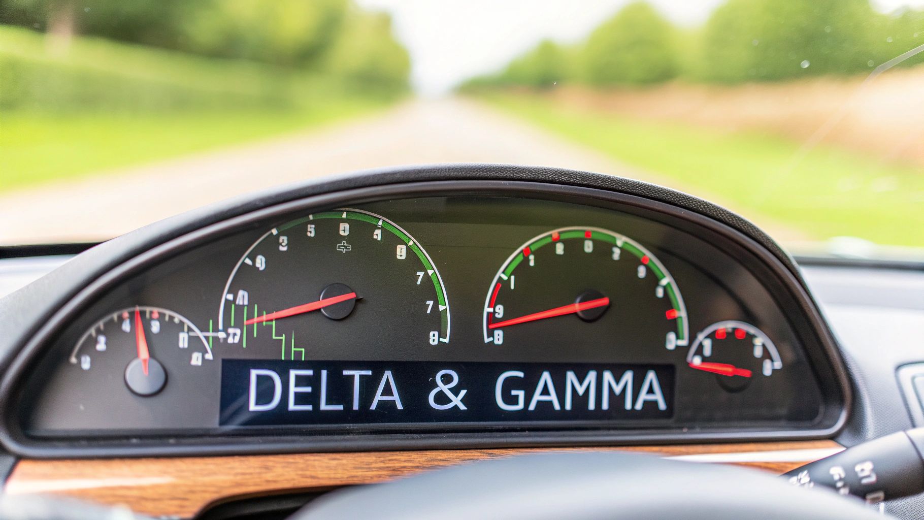 A car dashboard displaying 'DELTA & GAMMA' on a digital screen, with gauges and a road ahead.