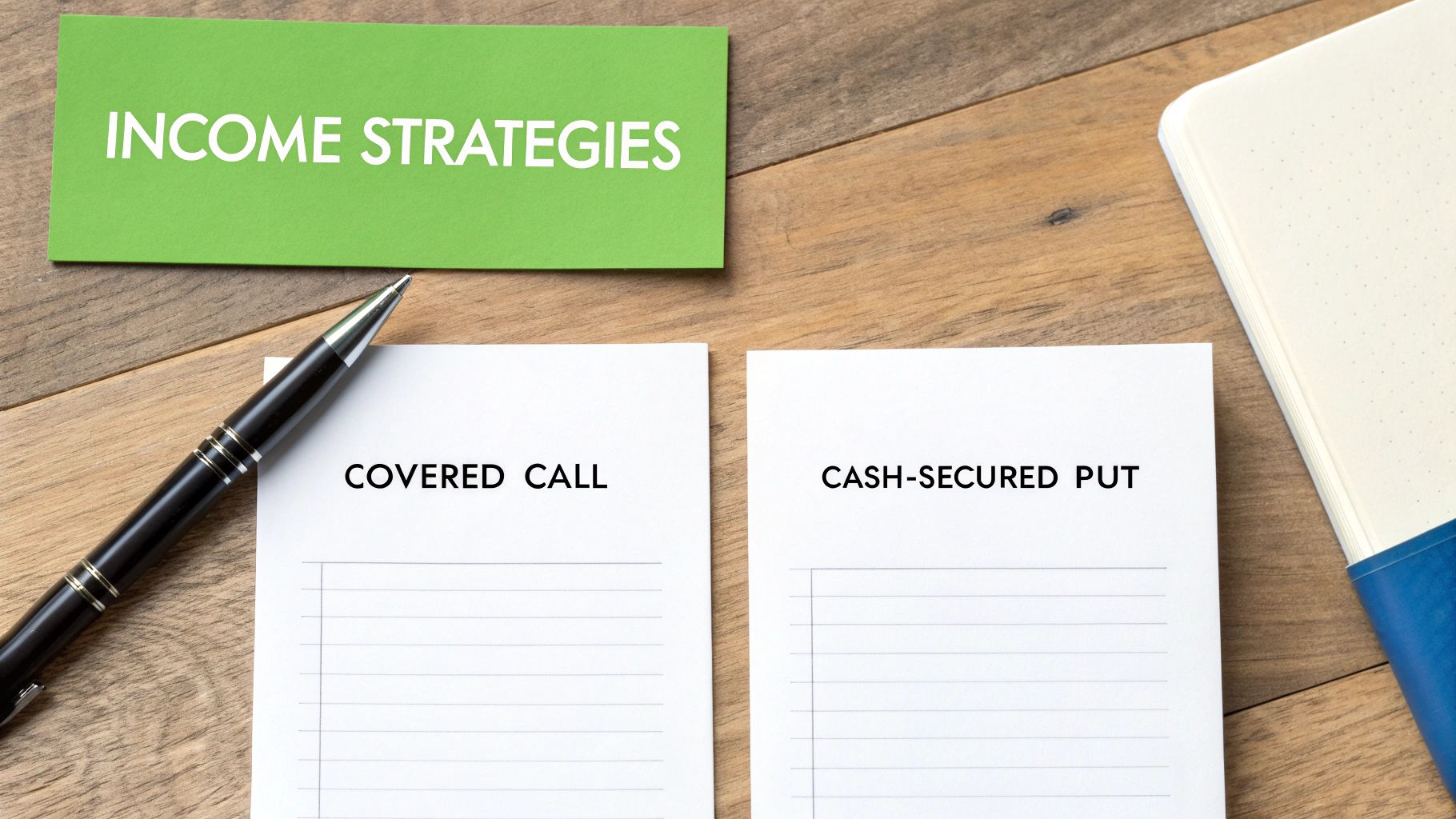 A flat lay image displaying 'Income Strategies' with 'Covered Call' and 'Cash-Secured Put' options, a pen, and a notebook.