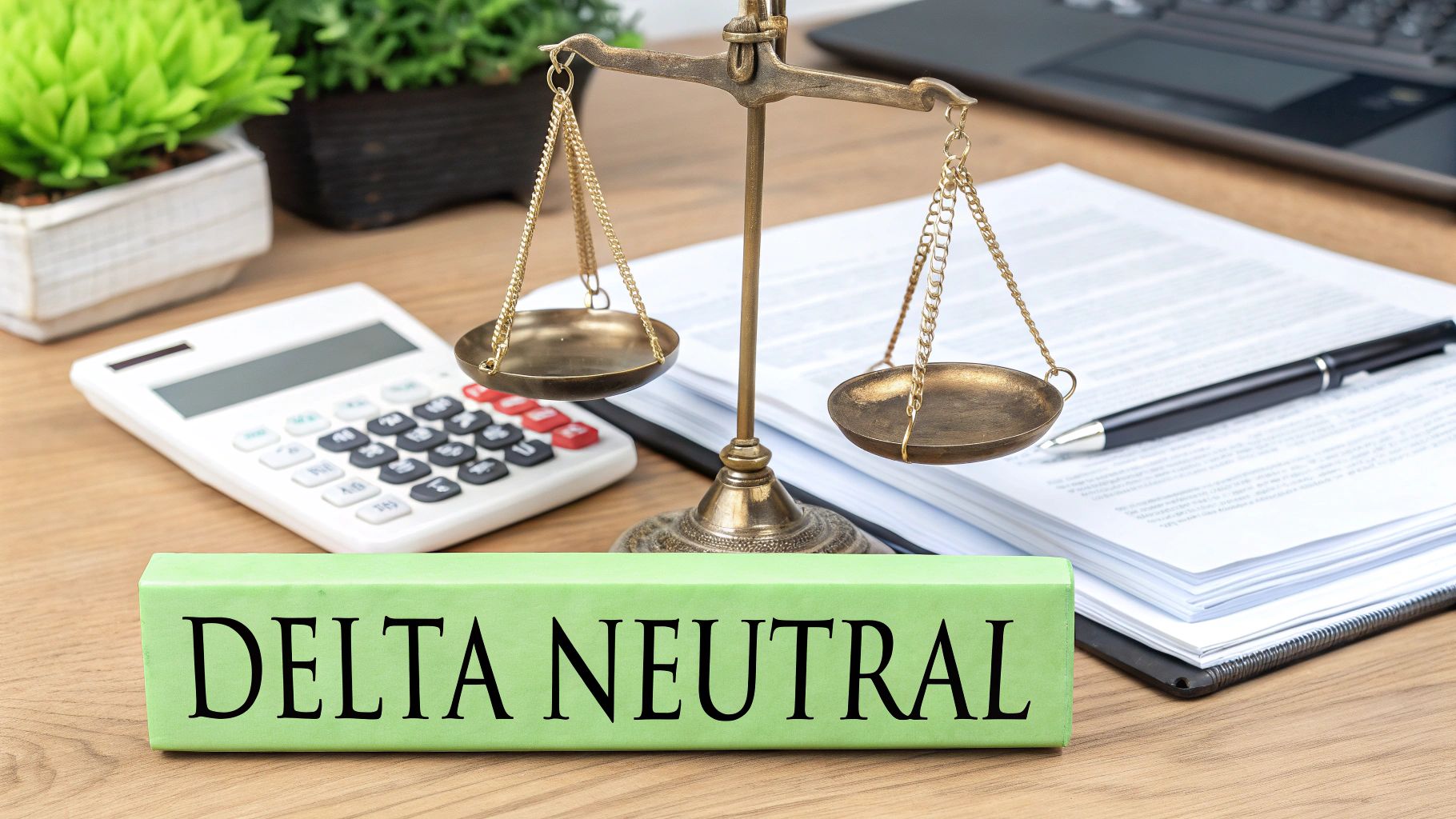 A desk with a calculator, scales of justice, papers, and a 'DELTA NEUTRAL' sign.