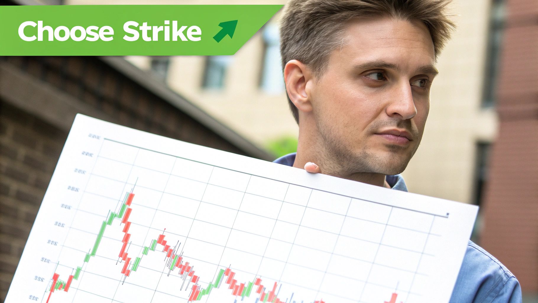 A man holds a stock market candlestick chart, with a 'Choose Strike' banner, suggesting options trading.