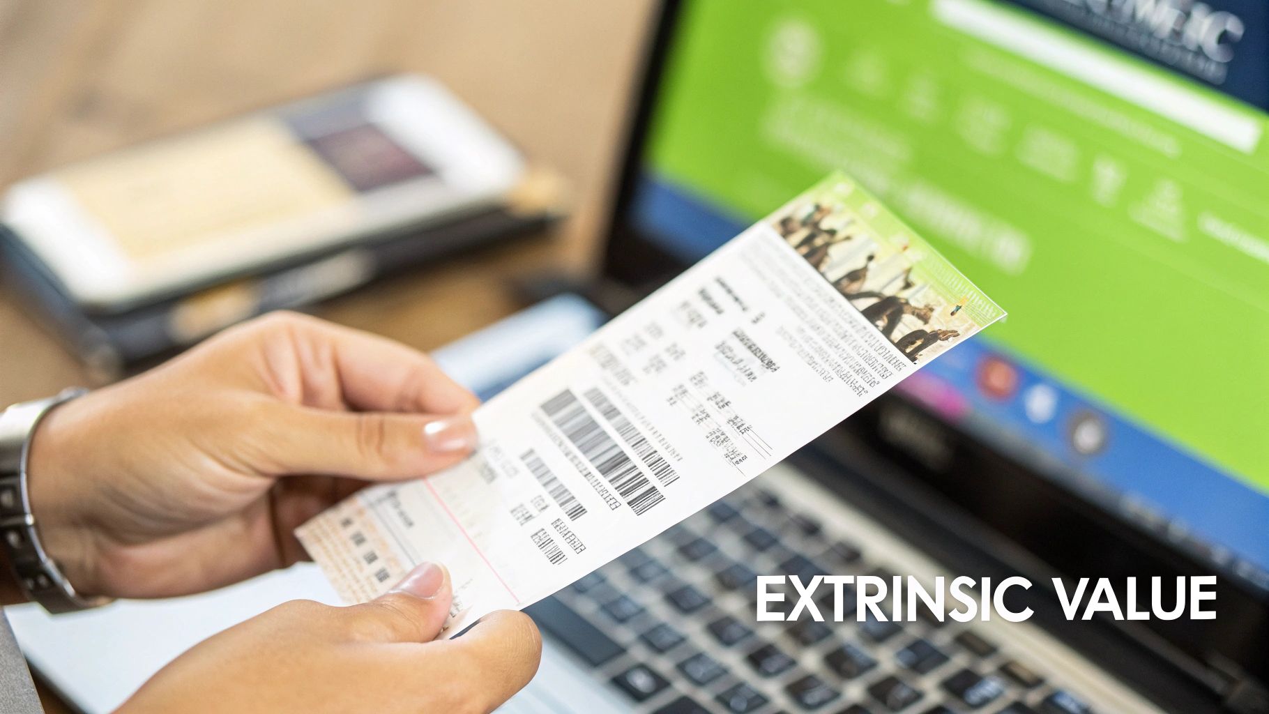 Hands hold a long receipt or ticket with barcodes over a laptop keyboard and blurred screen.