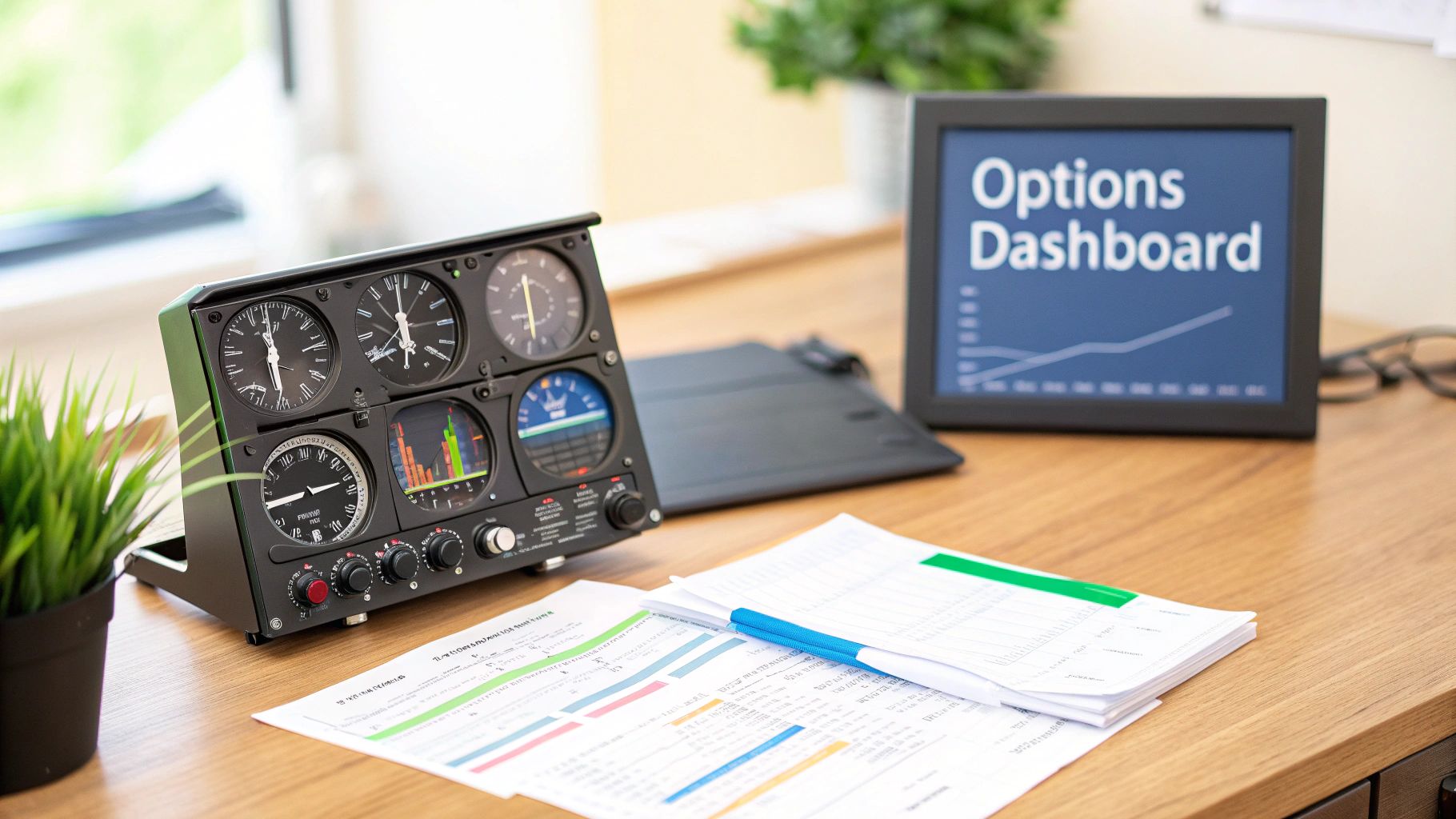 A desk with a multi-gauge panel, an 'Options Dashboard' display, financial papers, and a pen.