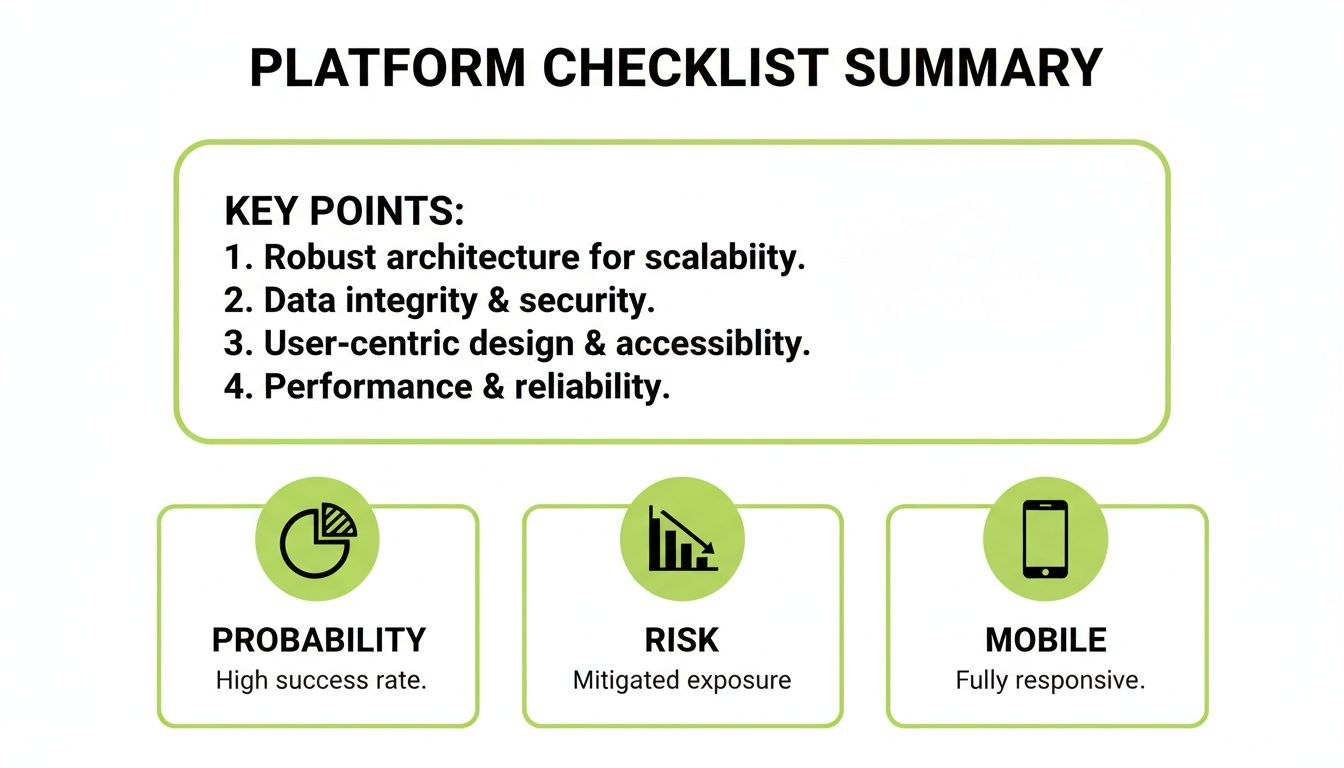 Platform checklist summary detailing key points like architecture, security, user design, performance, probability, risk, and mobile responsiveness.