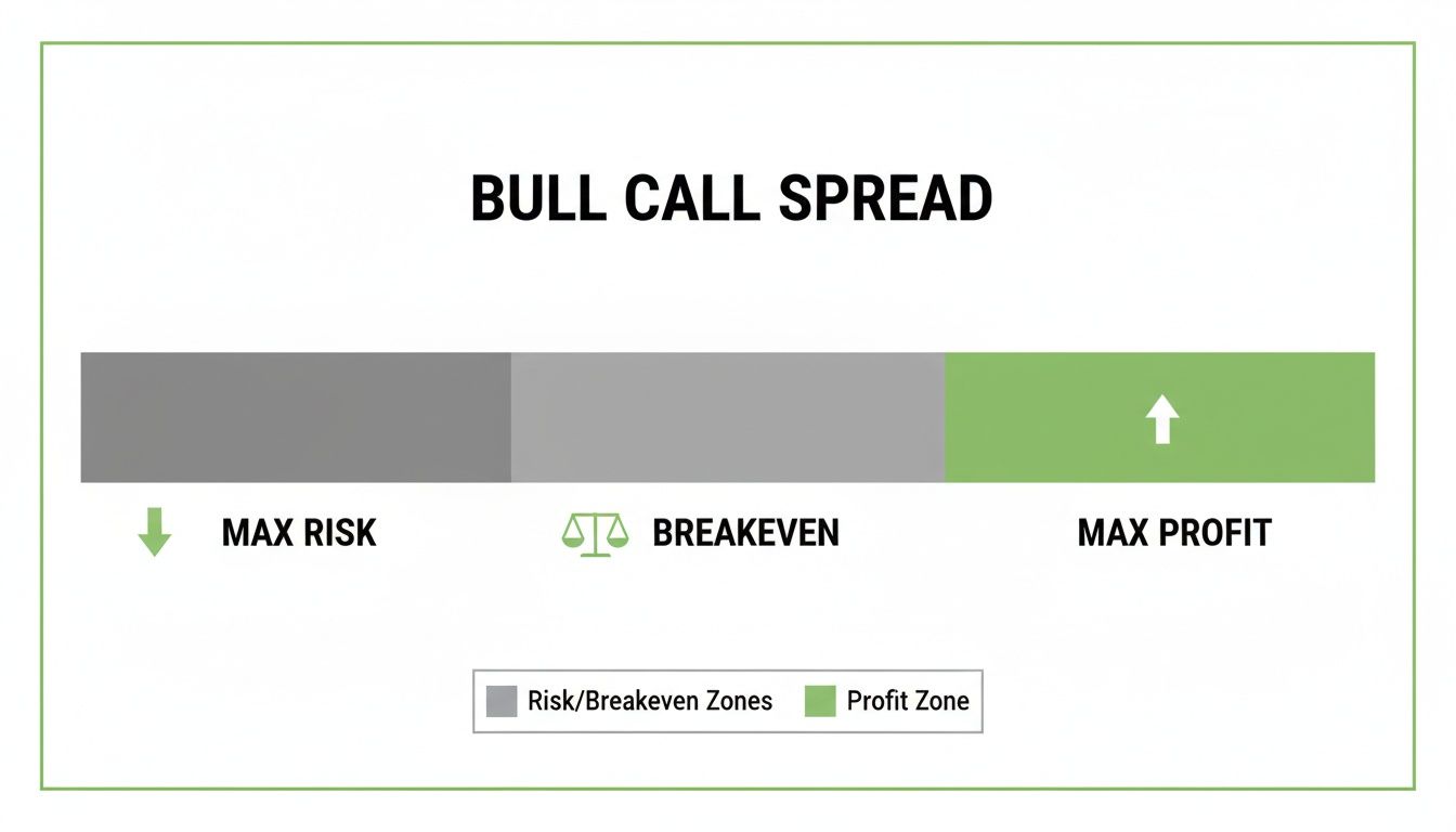 Diagram illustrating a bull call spread, showing maximum risk, breakeven point, and maximum profit zones.