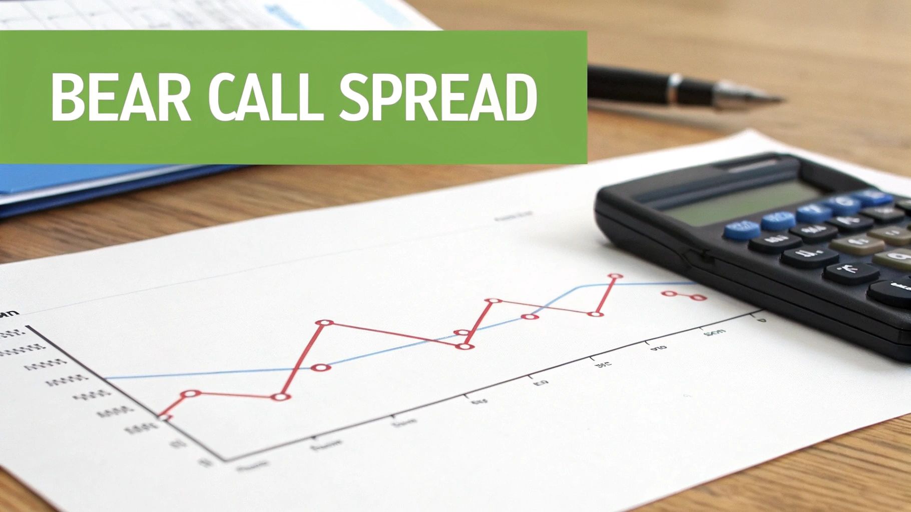 A financial chart with data, a calculator, and text 'BEAR CALL SPREAD' on a wooden desk.
