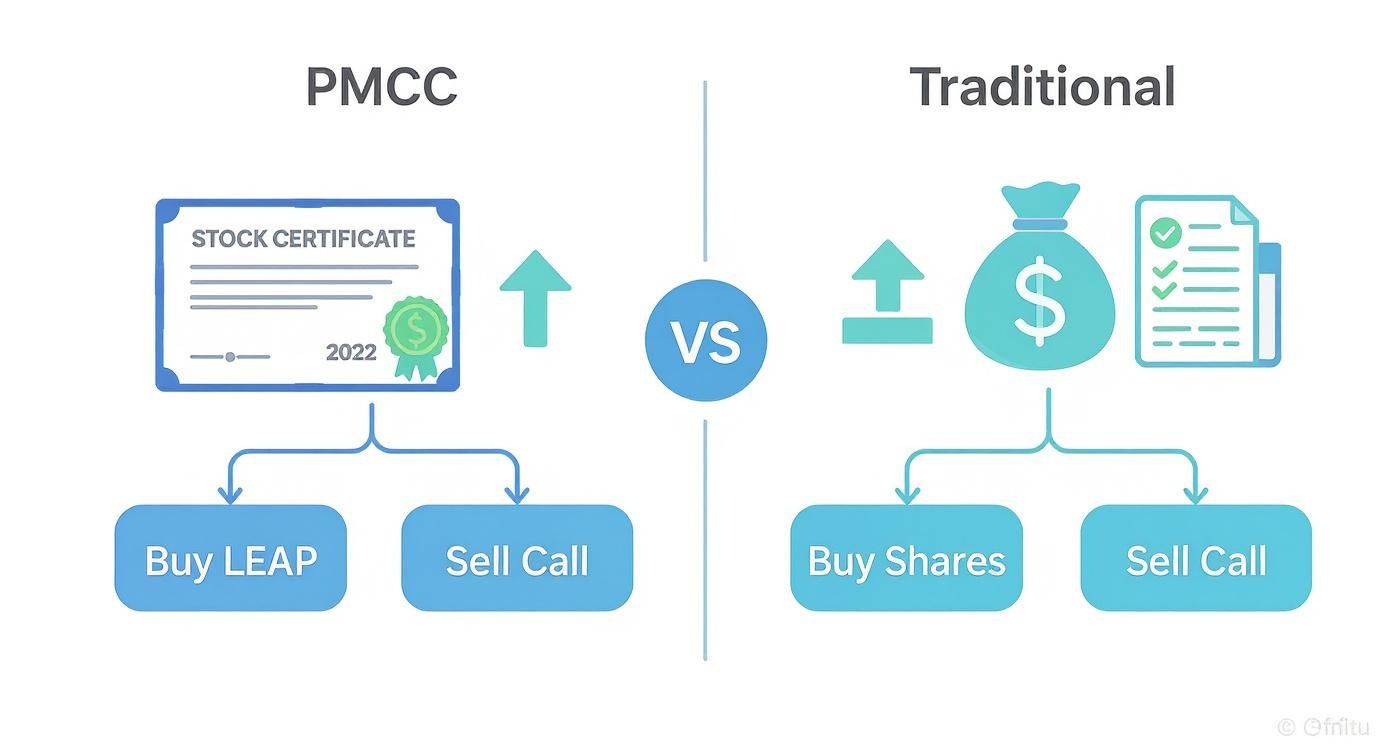 A financial diagram comparing Poor Man's Covered Call (PMCC) and Traditional options strategies.