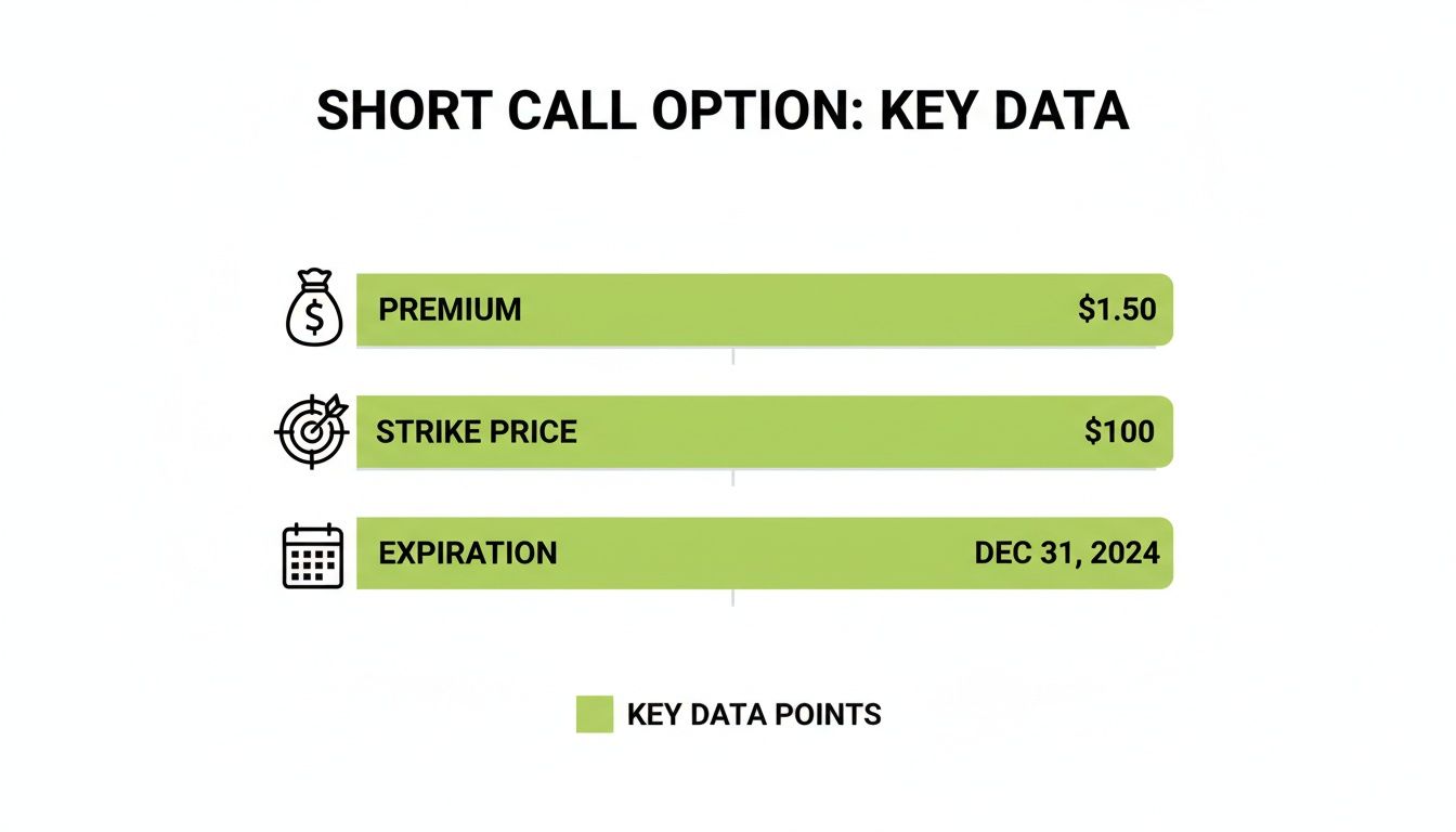 Key data for a short call option, including premium ($1.50), strike price ($100), and expiration (Dec 31, 2024).