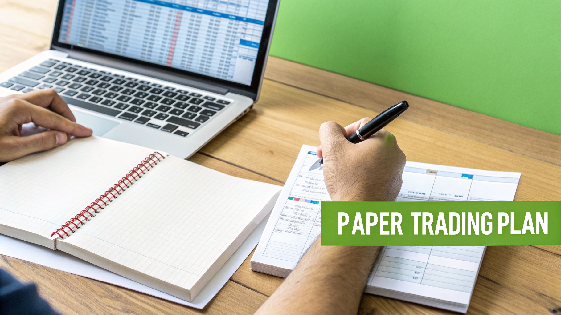 Person writing a paper trading plan in a notebook next to a laptop displaying financial data.