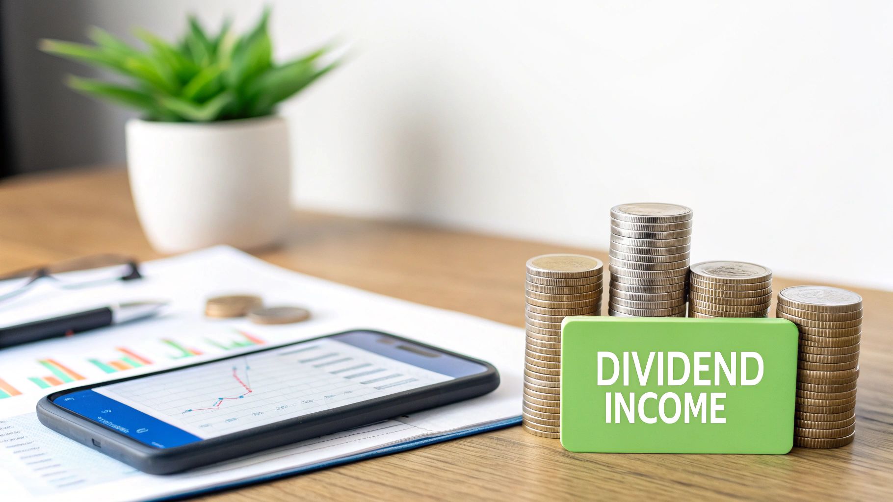 A green sign 'DIVIDEND INCOME' next to coin stacks, a smartphone with a financial graph, and documents.
