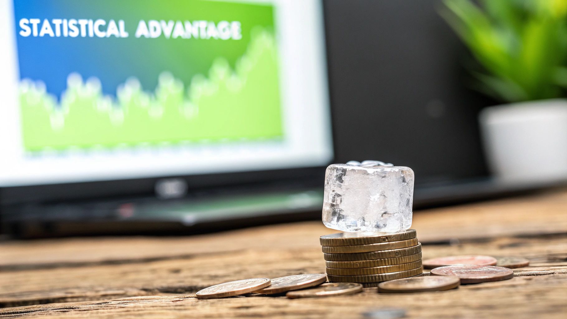 An ice cube sits on a stack of coins, with a laptop displaying 'STATISTICAL ADVANTAGE' in the background.