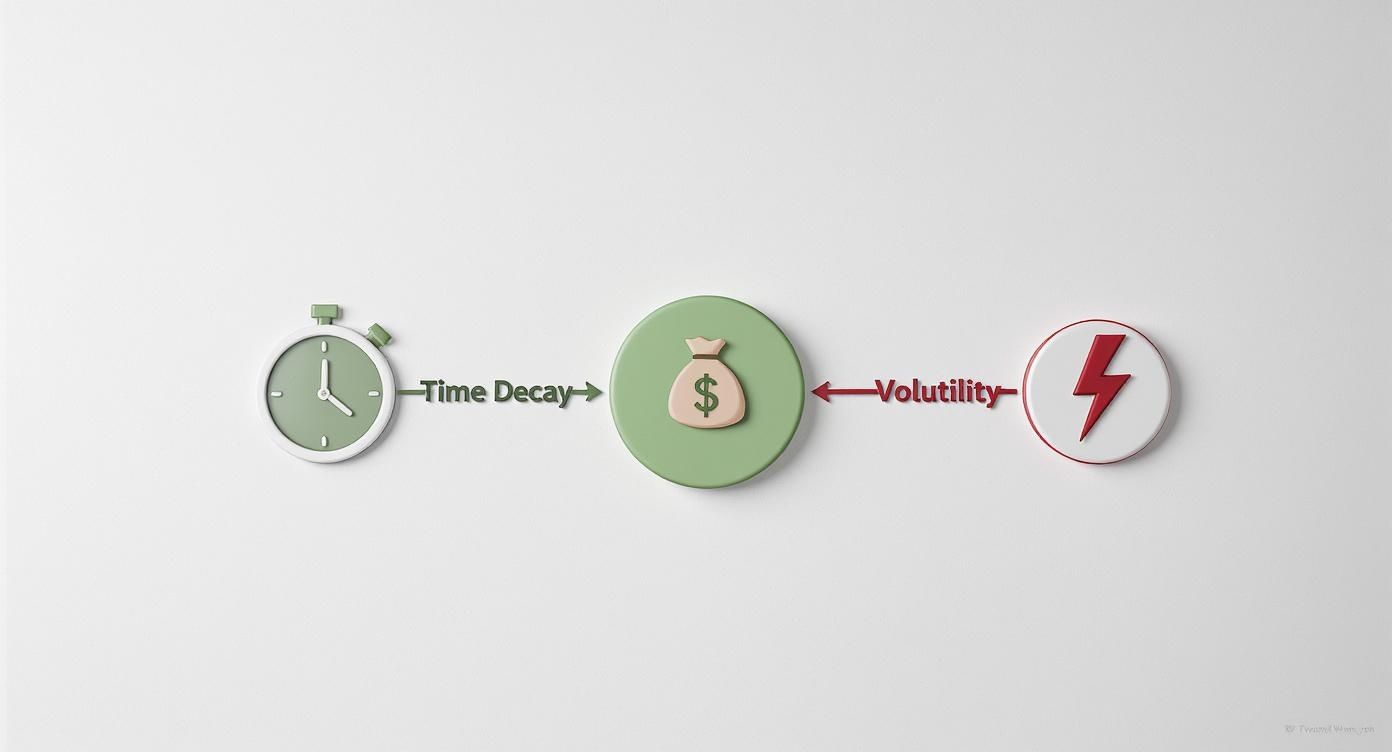 A conceptual diagram showing time decay and volatility influencing financial value represented by a money bag.