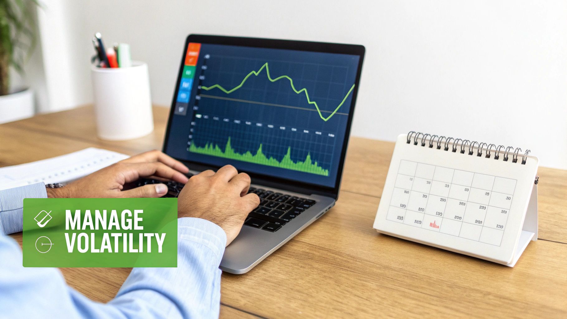 A person's hands typing on a laptop displaying a financial chart with a 'MANAGE VOLATILITY' overlay.