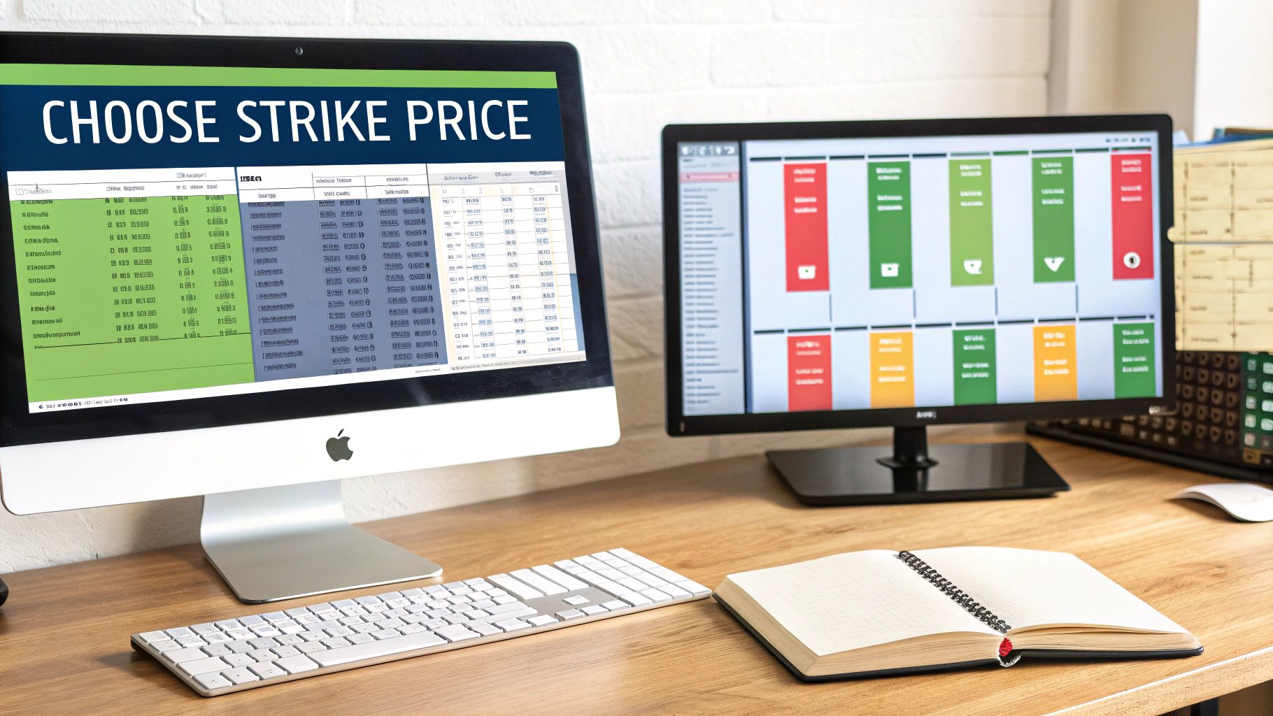 A professional trading desk with two computer monitors displaying financial data, a keyboard, and an open notebook.