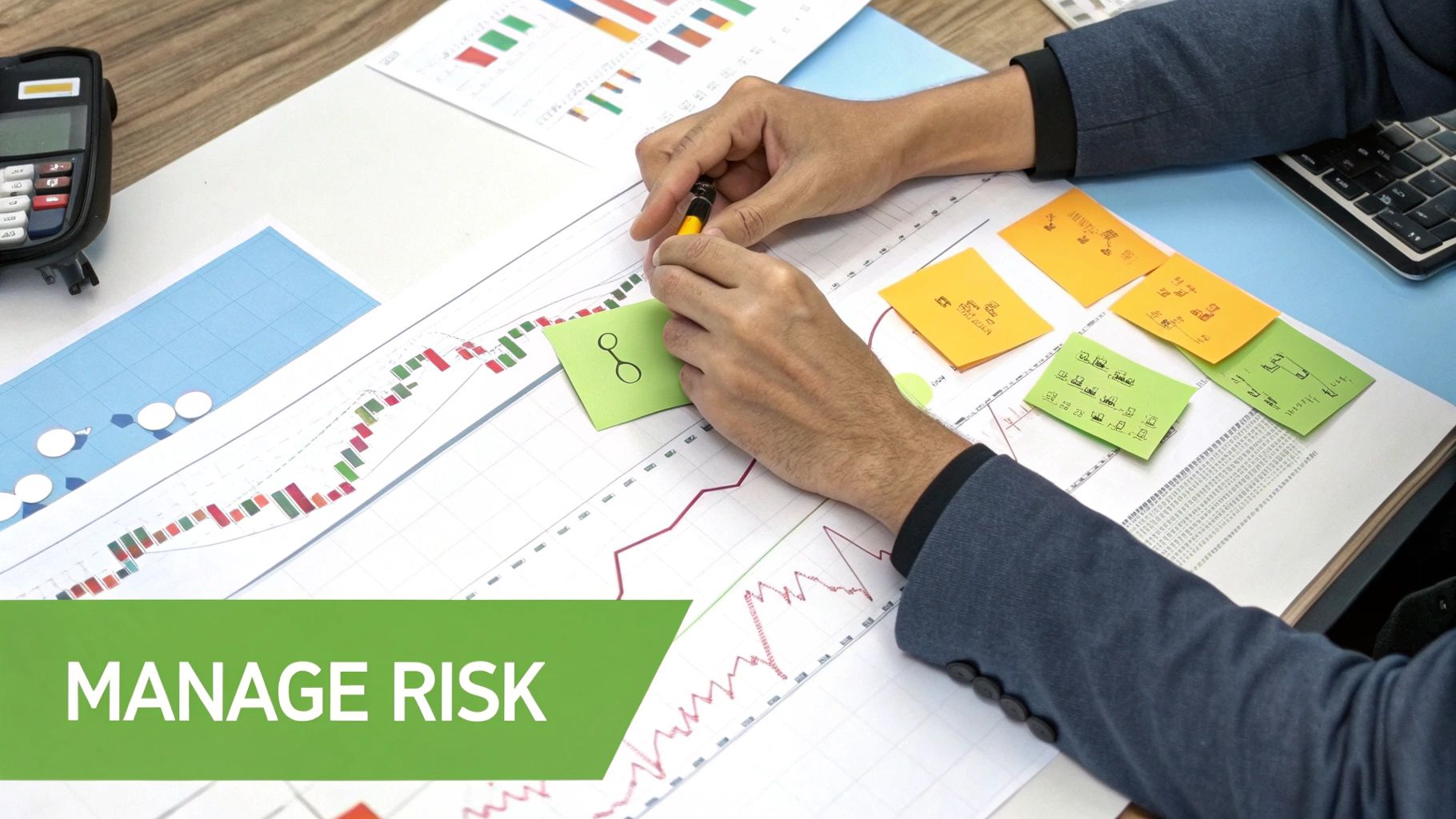Businessman analyzing financial charts and graphs with sticky notes, managing risk.