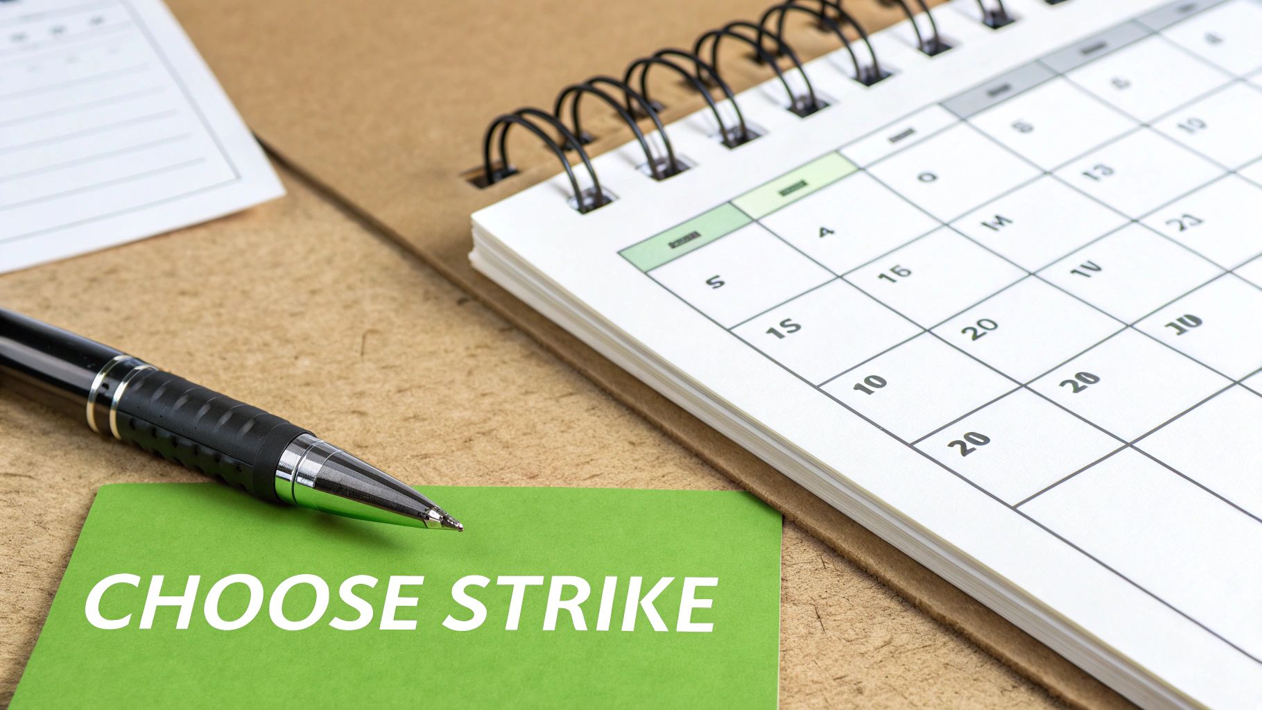 A black pen resting on a green sticky note with 'CHOOSE STRIKE' text next to a desk calendar.