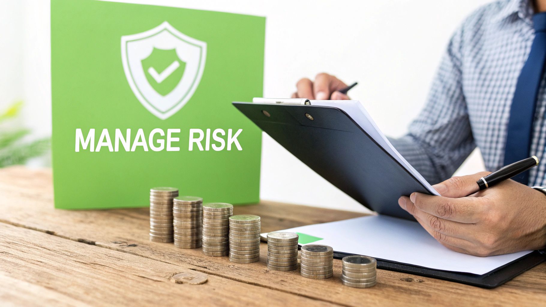 A person holding an umbrella over a stack of coins, symbolizing risk protection in a financial strategy.