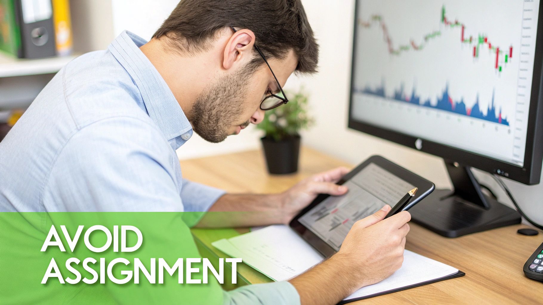 A man in glasses studies a tablet while a stock market chart is visible on a desktop monitor.