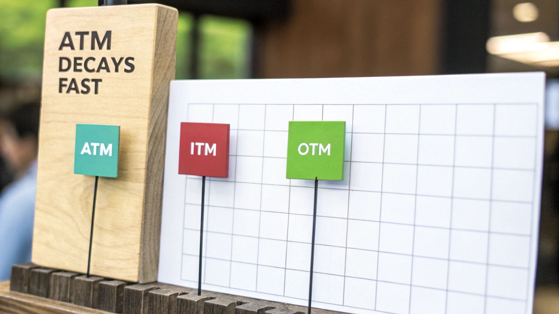 A line graph showing the declining value of an option over time, with annotations for ATM, ITM, and OTM options.