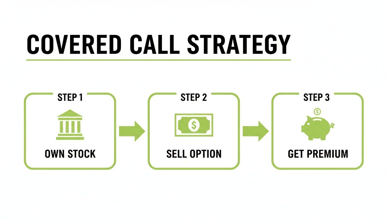 Diagram illustrating the Covered Call Strategy steps: Own Stock, Sell Option, and Get Premium.