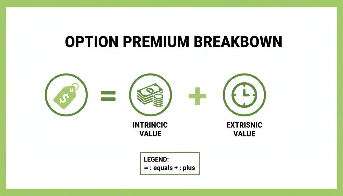 An infographic illustrating the breakdown of an option's premium into its intrinsic and extrinsic values.
