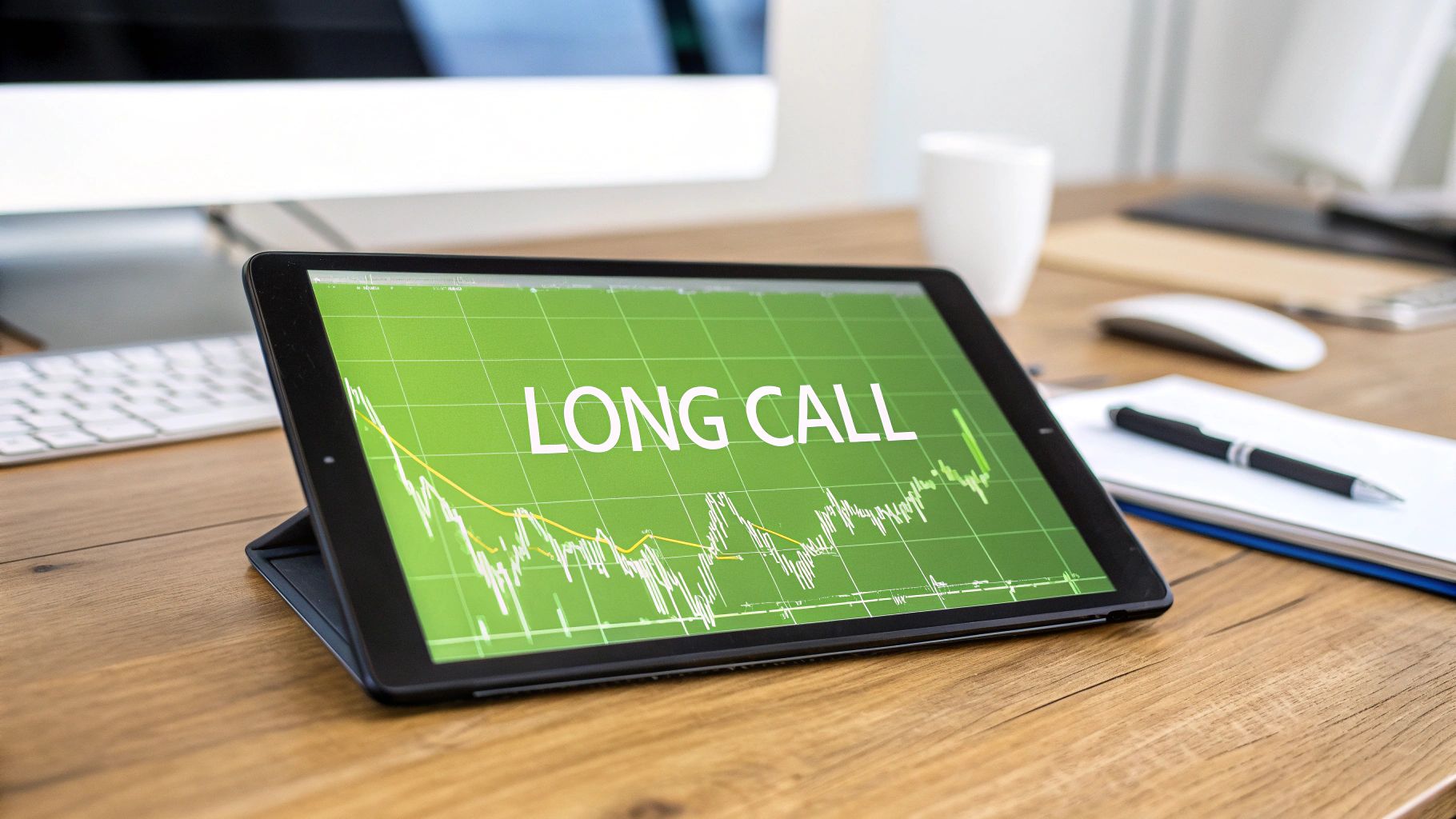 A tablet on a wooden desk displays a green financial graph with 'LONG CALL' written, indicating stock option strategies.