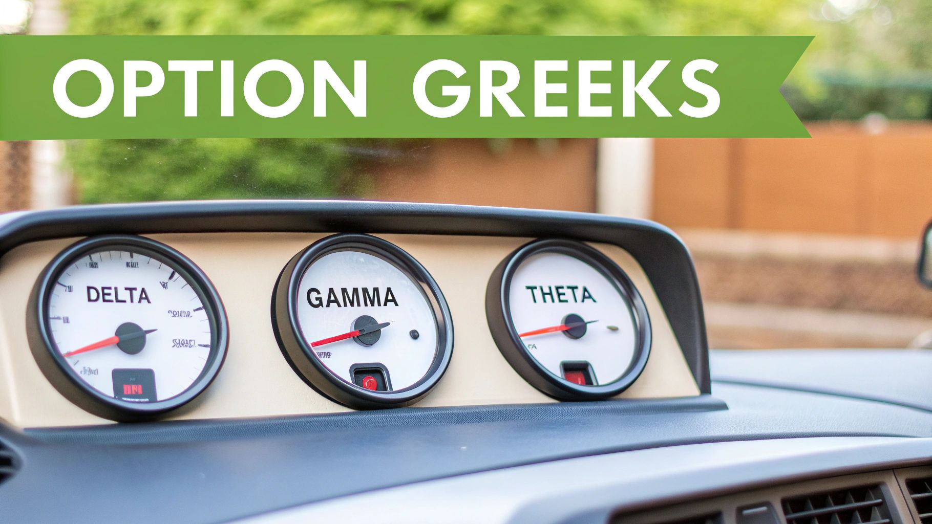 Greek letters Delta, Gamma, Theta, and Vega on a financial dashboard