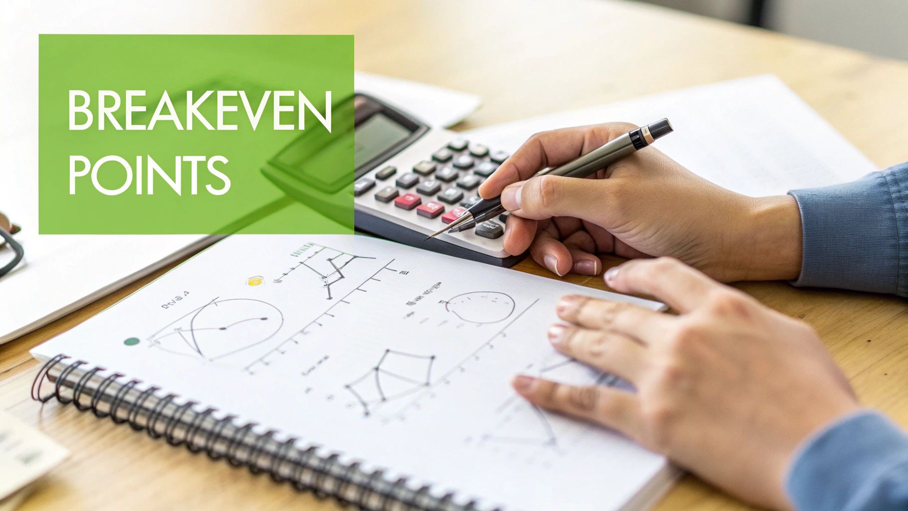 A person calculating breakeven points with a calculator and sketching diagrams in a notebook.