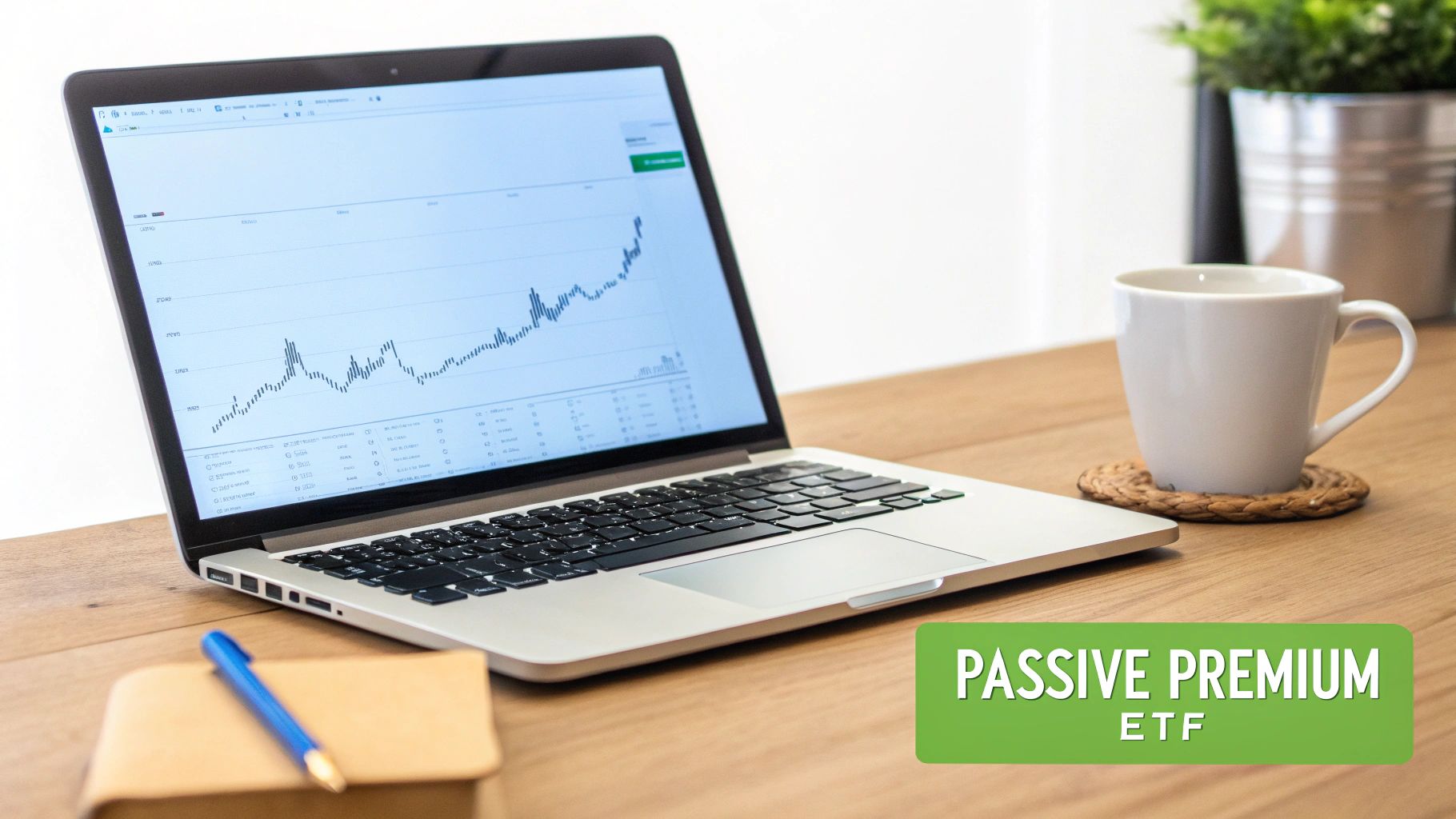 Laptop showing rising stock charts, a coffee mug, and 'Passive Premium ETF' banner on a wooden desk.