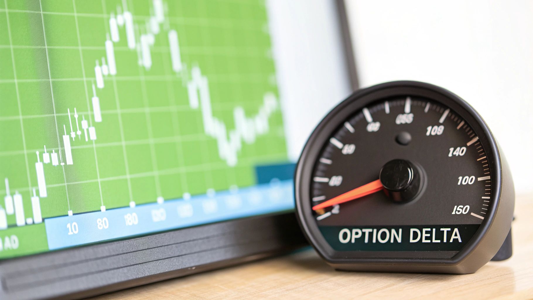 A screen displaying a stock market candlestick chart next to a black gauge labeled 'OPTION DELTA' on a desk.