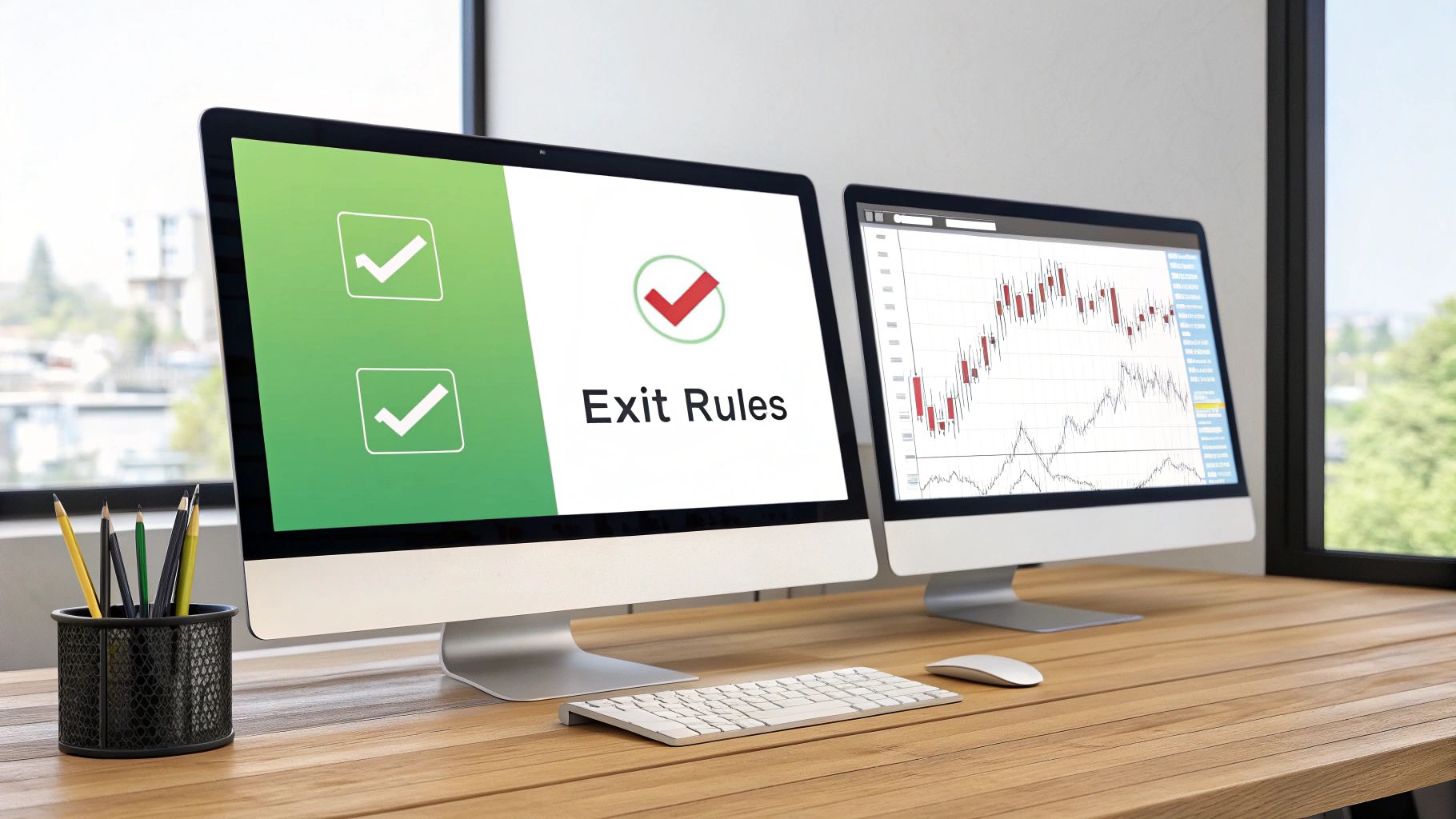 A trading setup with dual monitors displaying 'Exit Rules' and stock market graphs.