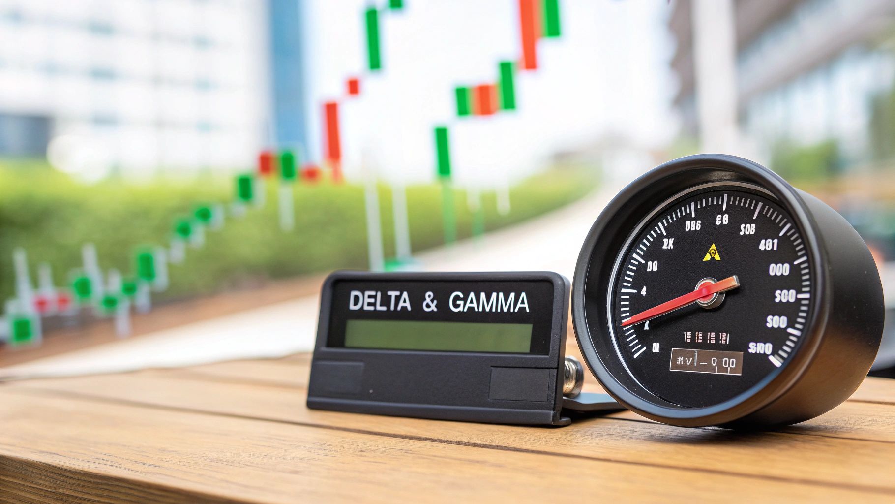A 'DELTA & GAMMA' display and a financial gauge on a wooden table with a stock chart background.