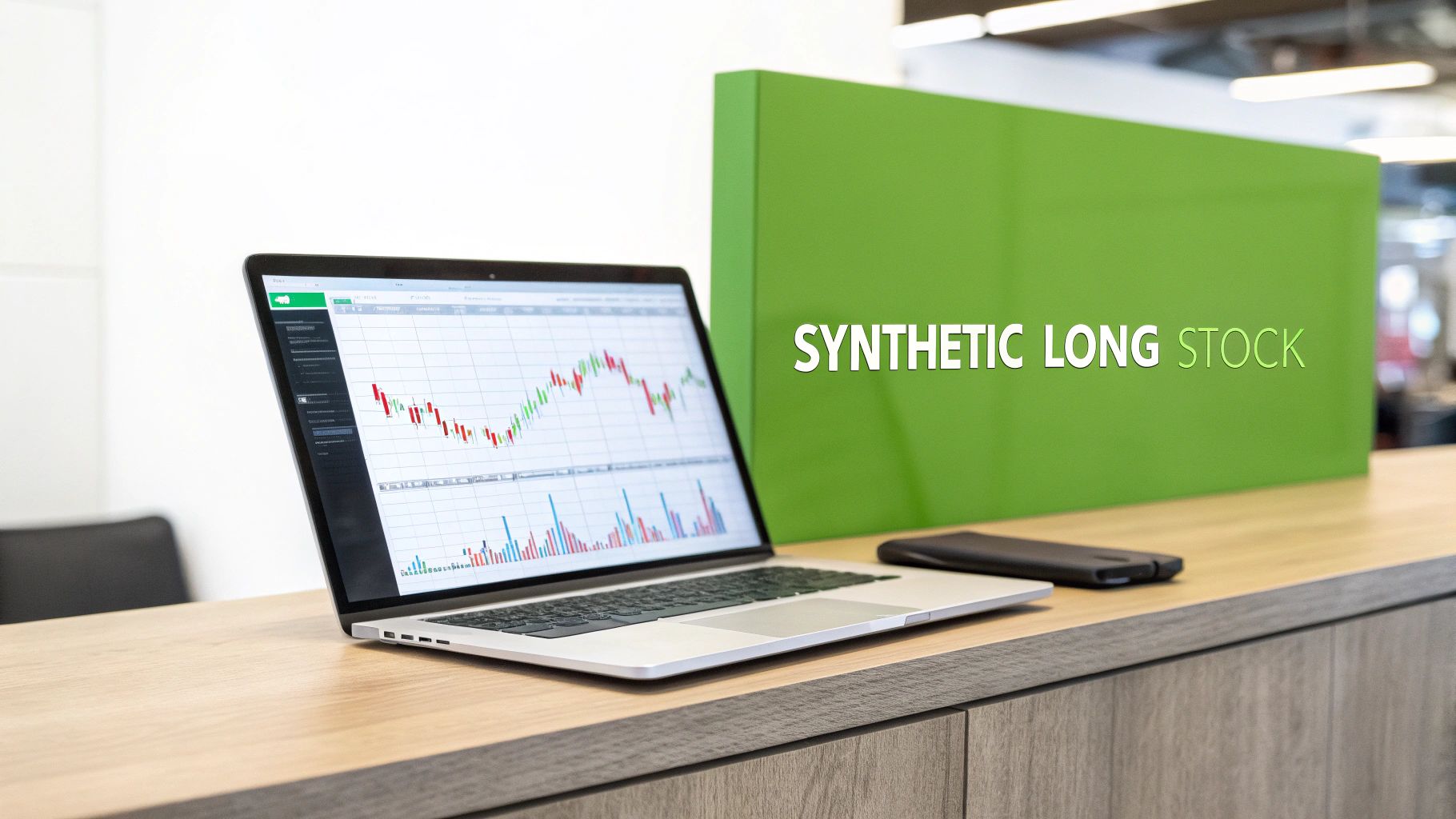 A laptop displays a stock chart next to a green sign saying 'SYNTHETIC LONG STOCK' on a wooden desk.