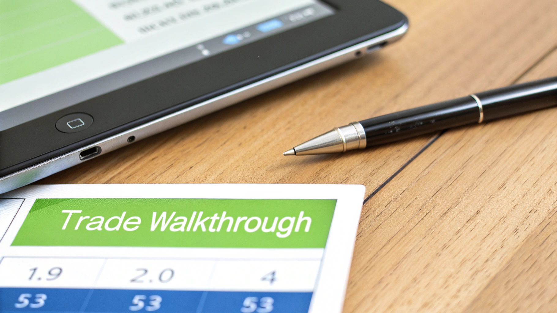 A close-up of a tablet, a pen, and a document titled 'Trade Walkthrough' on a wooden desk.