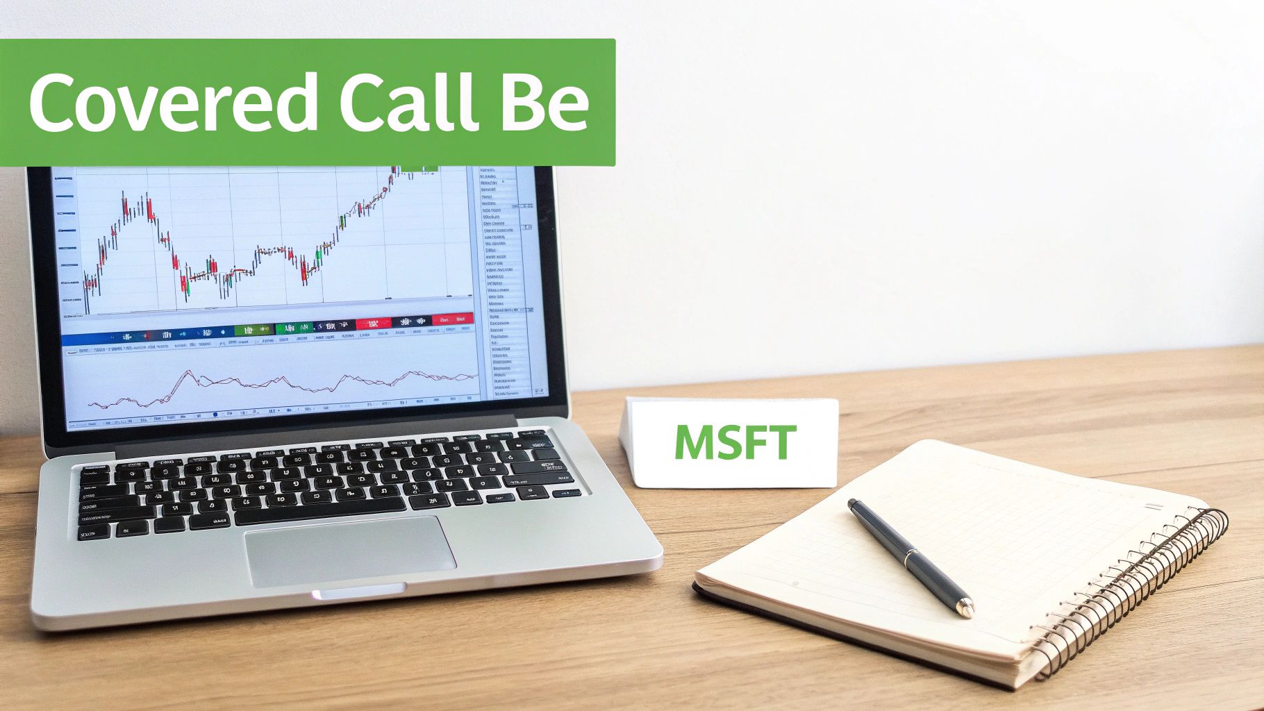 Laptop displaying stock charts for MSFT, a notepad, and a 'Covered Call' banner for finance.