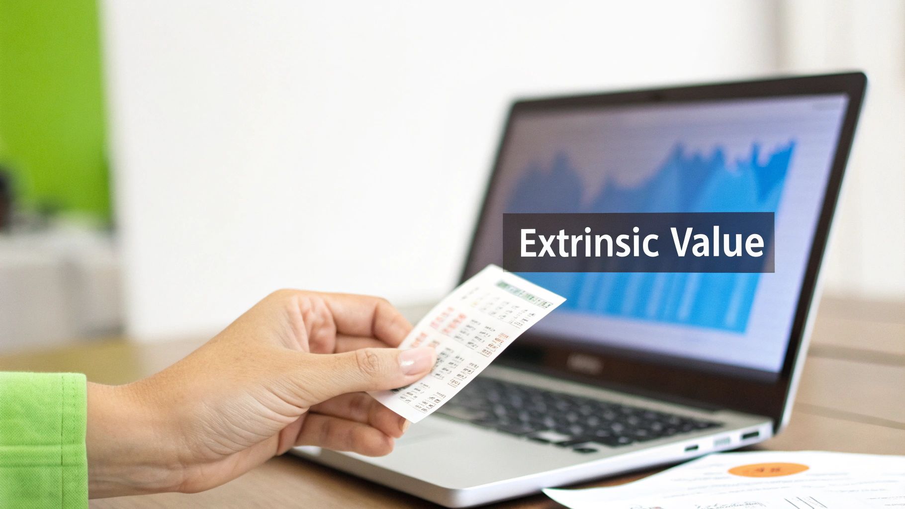 A hand holds a financial slip in front of a laptop displaying a graph and the text 'Extrinsic Value'.